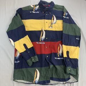 VTG Nautica Shirt Men XL Multicolor Sailing Sailboat AOP Button Up Long Sleeve